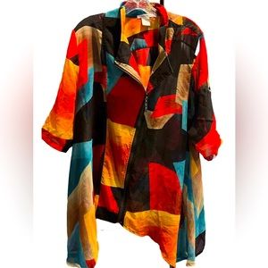 Feratelli Colorful Abstract Blouse Zip Asymmetric Sheer Roll Tab Sleeve Tunic XL